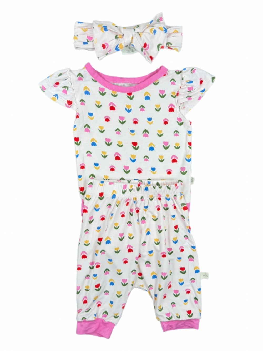 NWOT MILKBERRY Baby Girl Bamboo 3 Pc Tulip Print Outfit with Headband - 0-3M